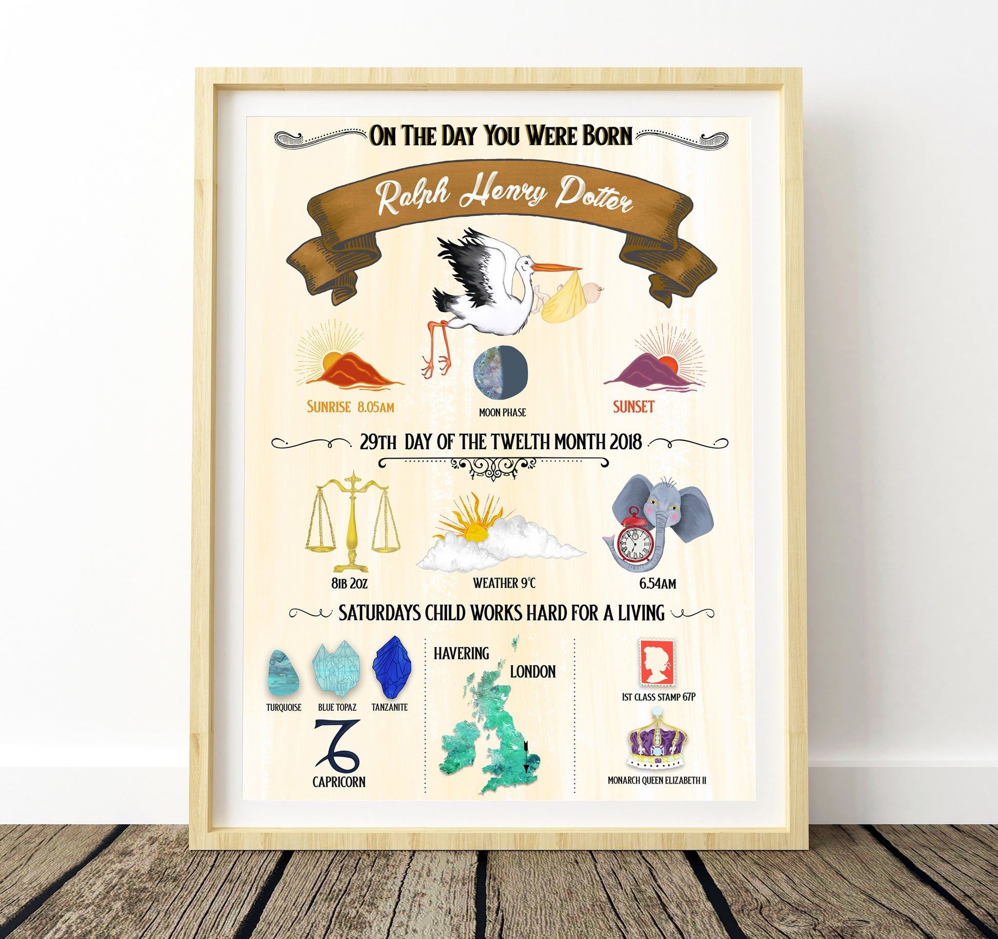 Framed artwork with various elements on a white background