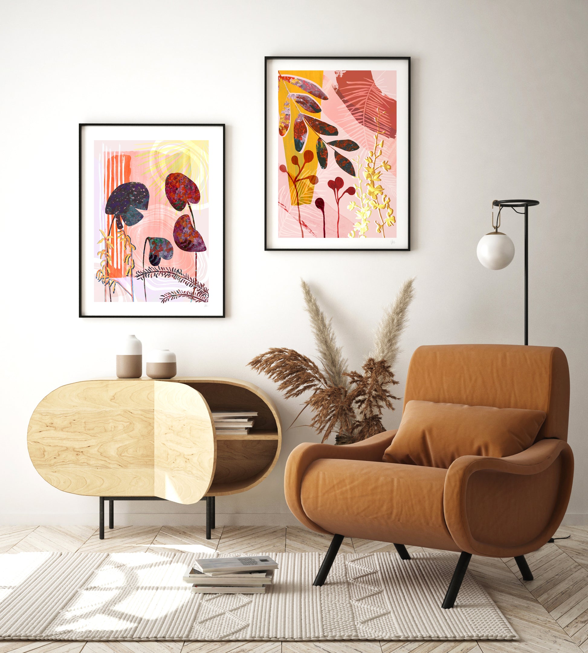 Modern living room with a brown armchair, wooden side table, and abstract wall art.