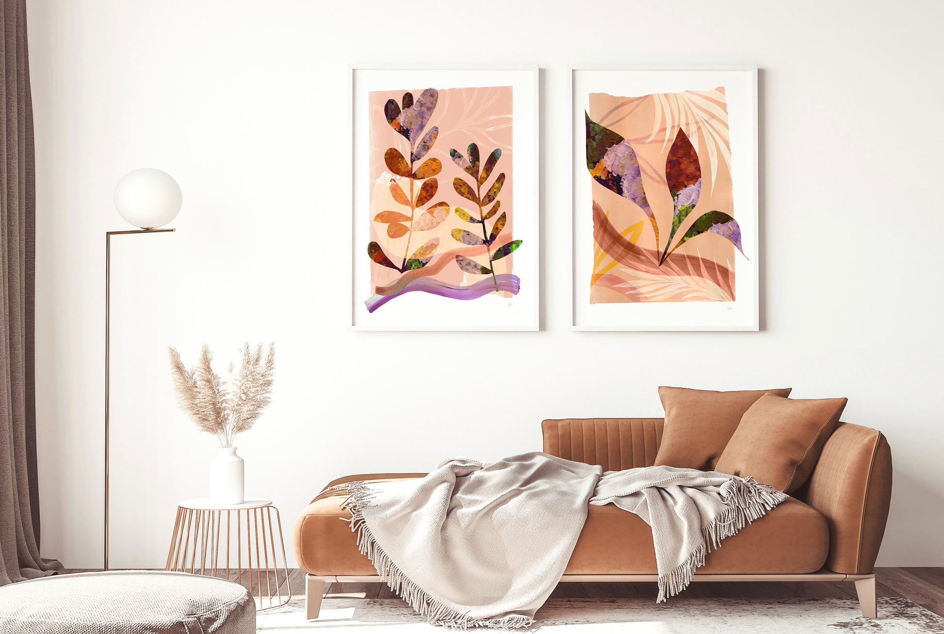 Modern living room with a brown sofa, abstract wall art, and decorative plants.