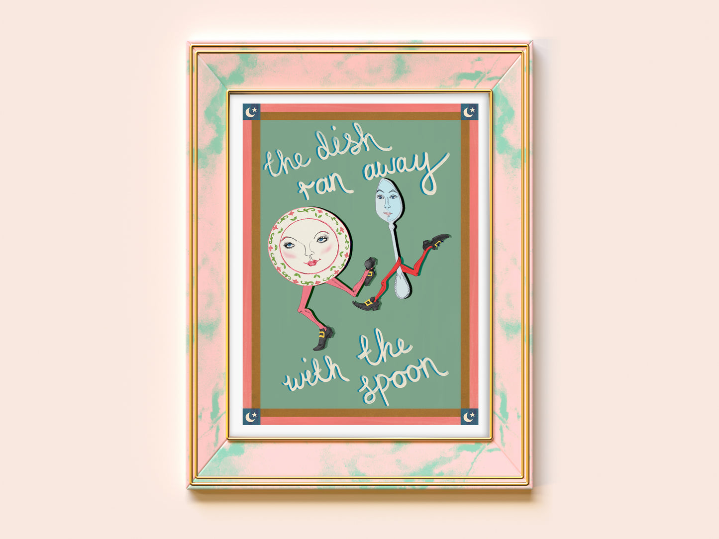 Framed artwork with a cartoon character and text on a light pink background