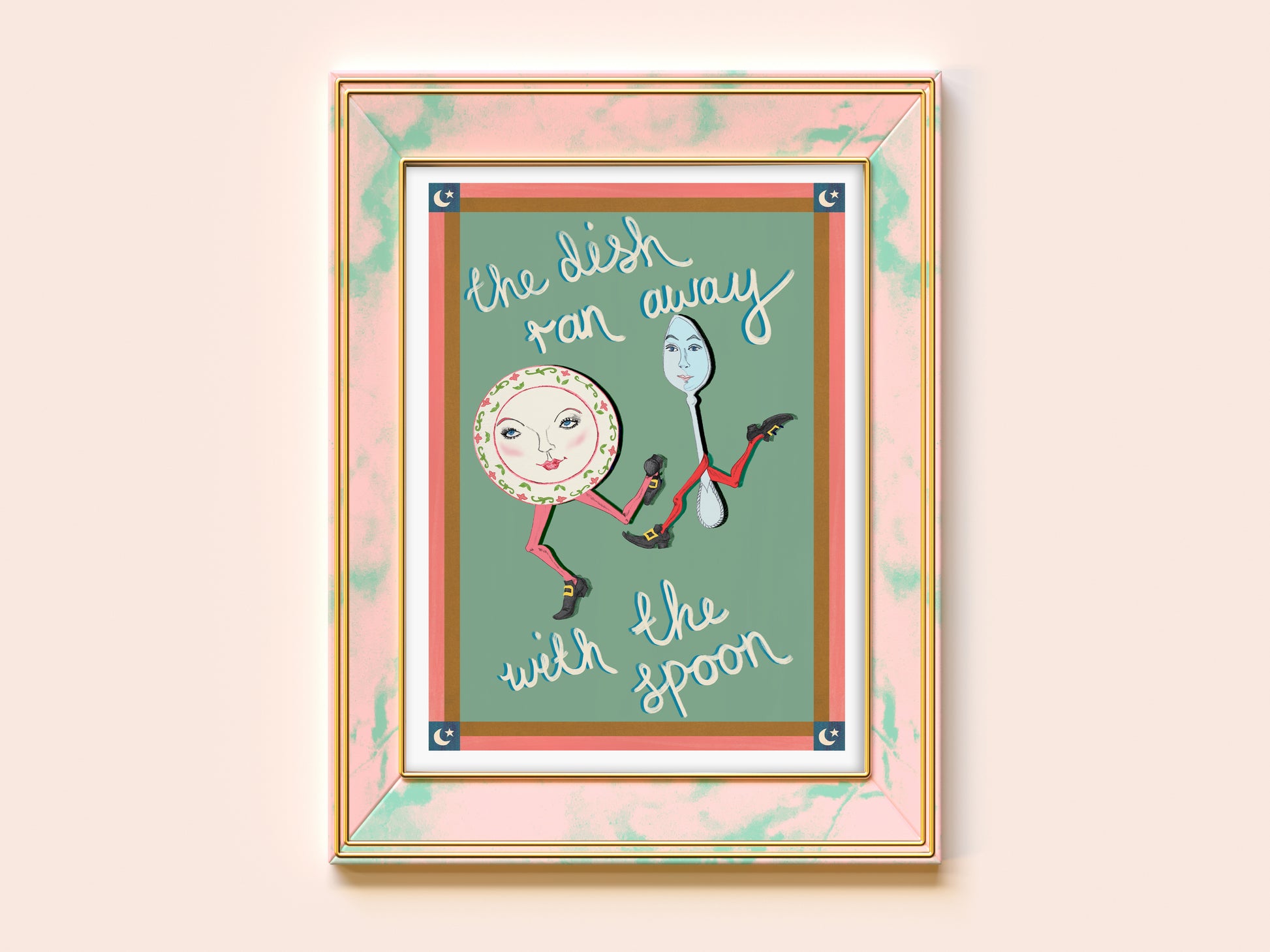 Framed artwork with a cartoon character and text on a light pink background
