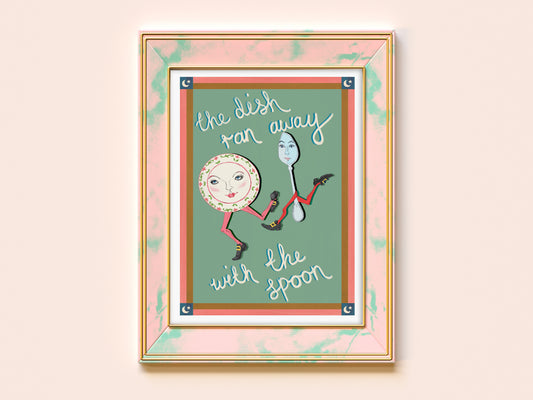Framed artwork with a cartoon character and text on a light pink background