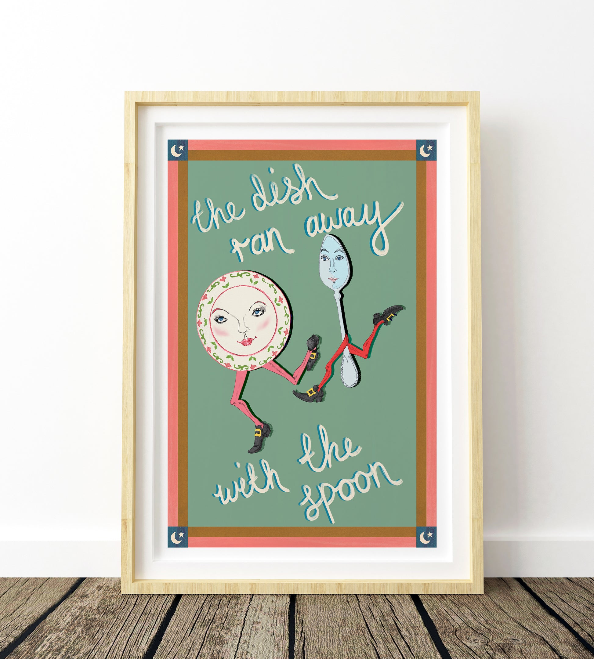 Framed artwork with a spoon and plate character on a green background, text 'the dishpan away with the spoon'.