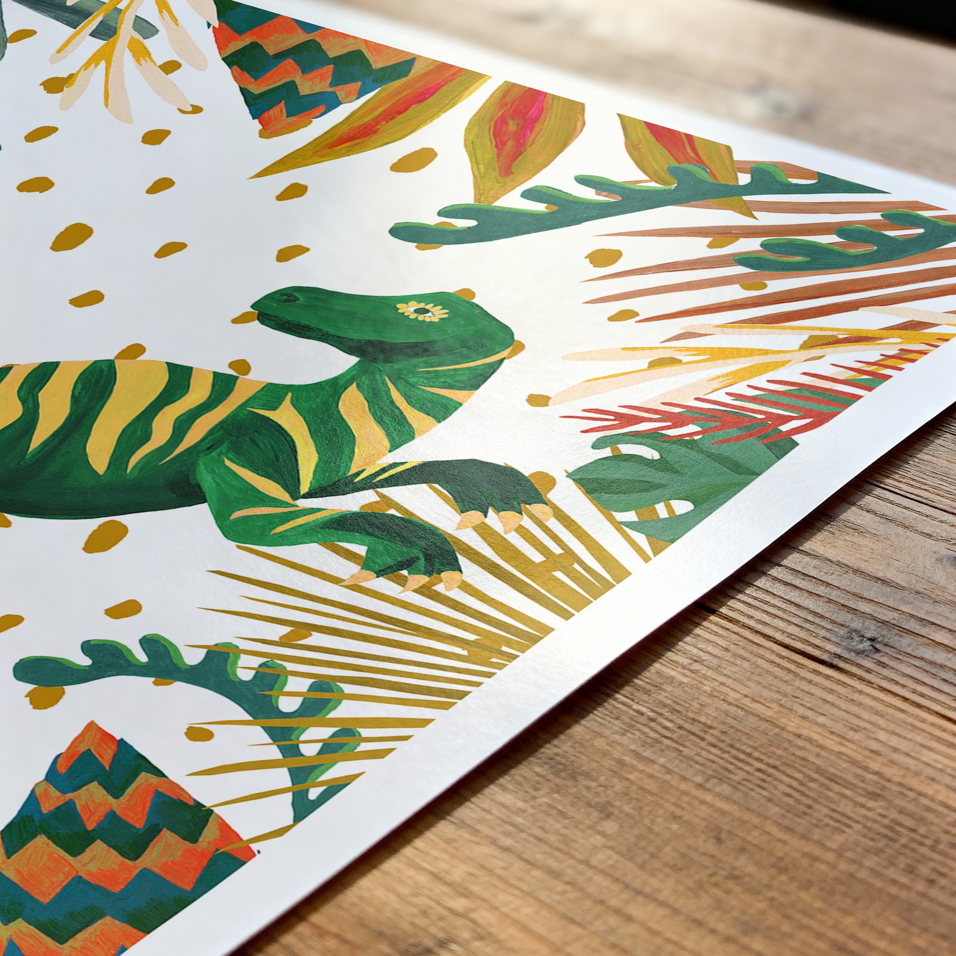 Colorful illustration of a lizard on a white background with geometric patterns.