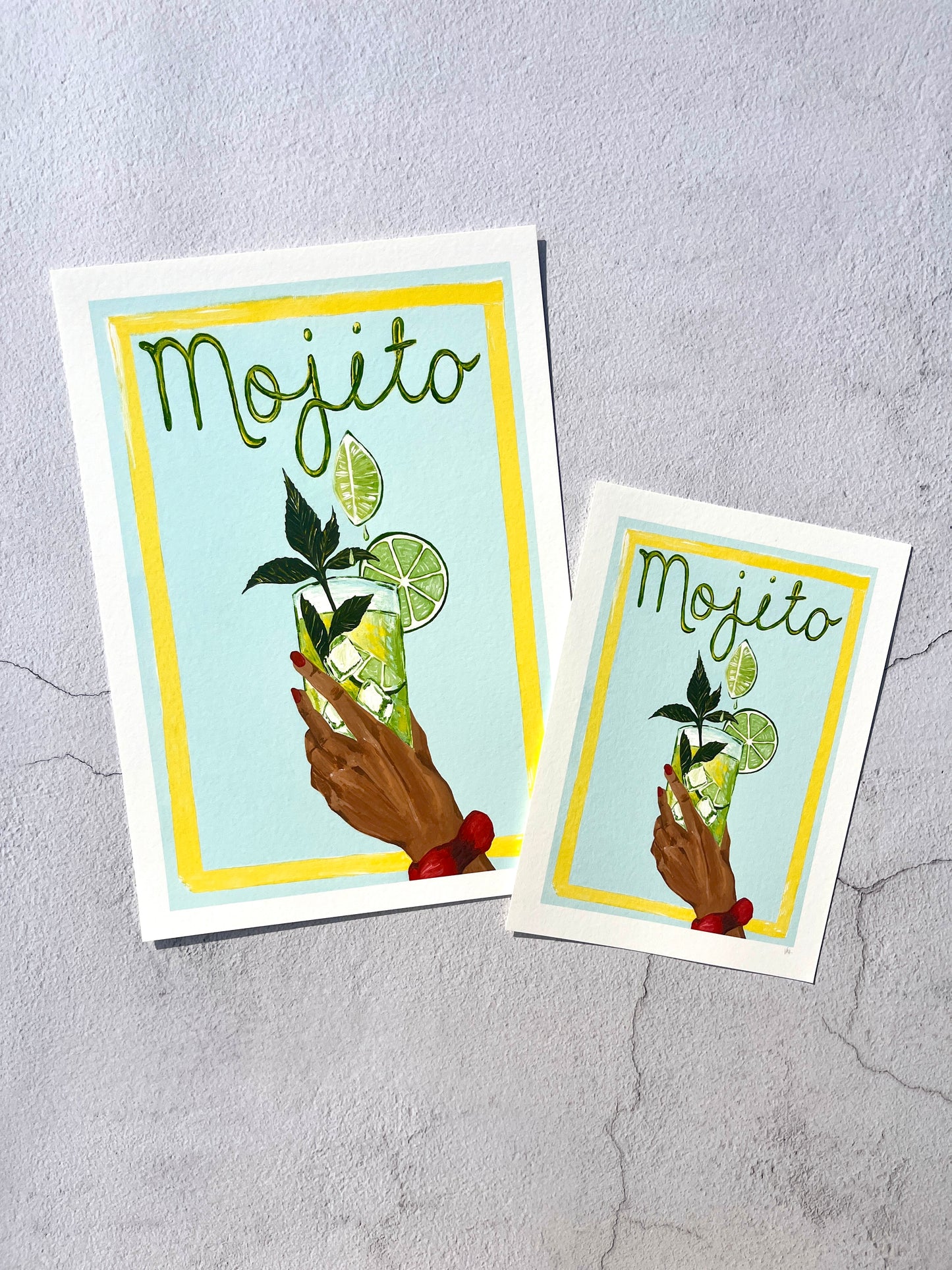 two different sized cocktail posters painted in blue and green colours