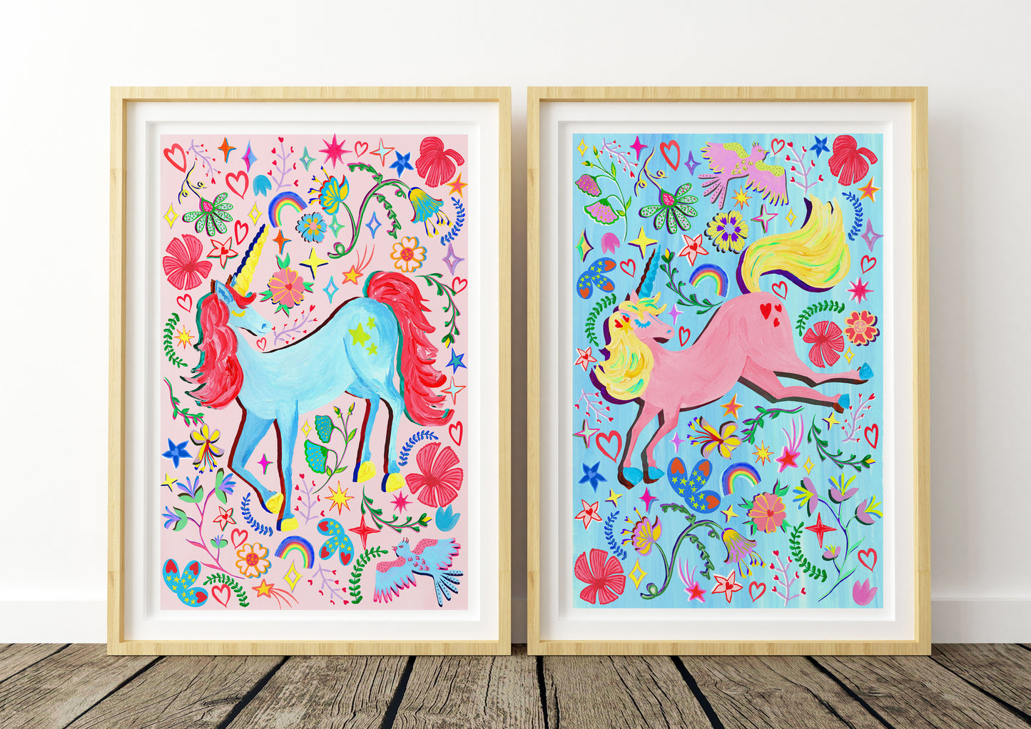 colourful uniocrn prints with hand painted flowers rainbows and star illustrations