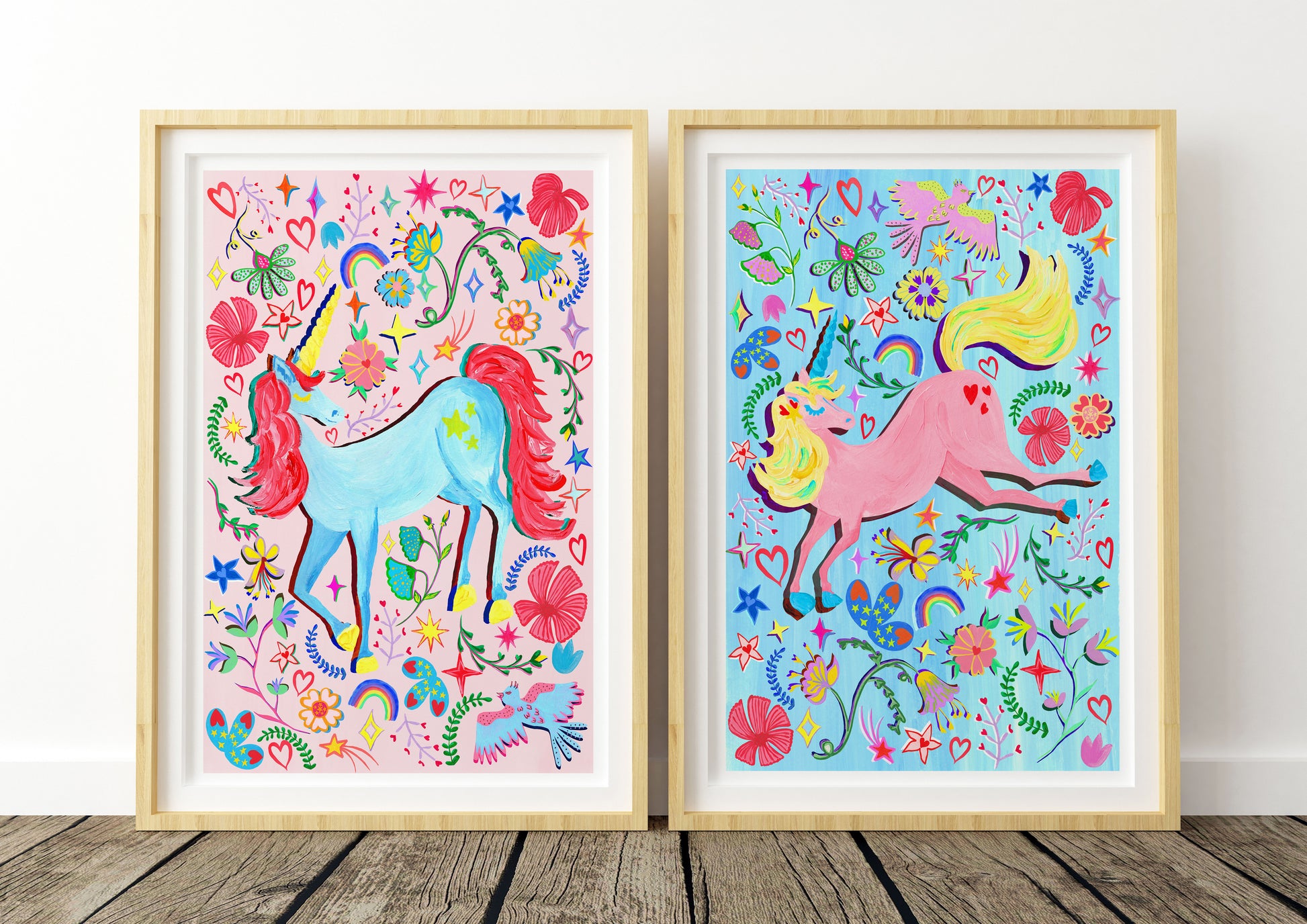 colourful uniocrn prints with hand painted flowers rainbows and star illustrations