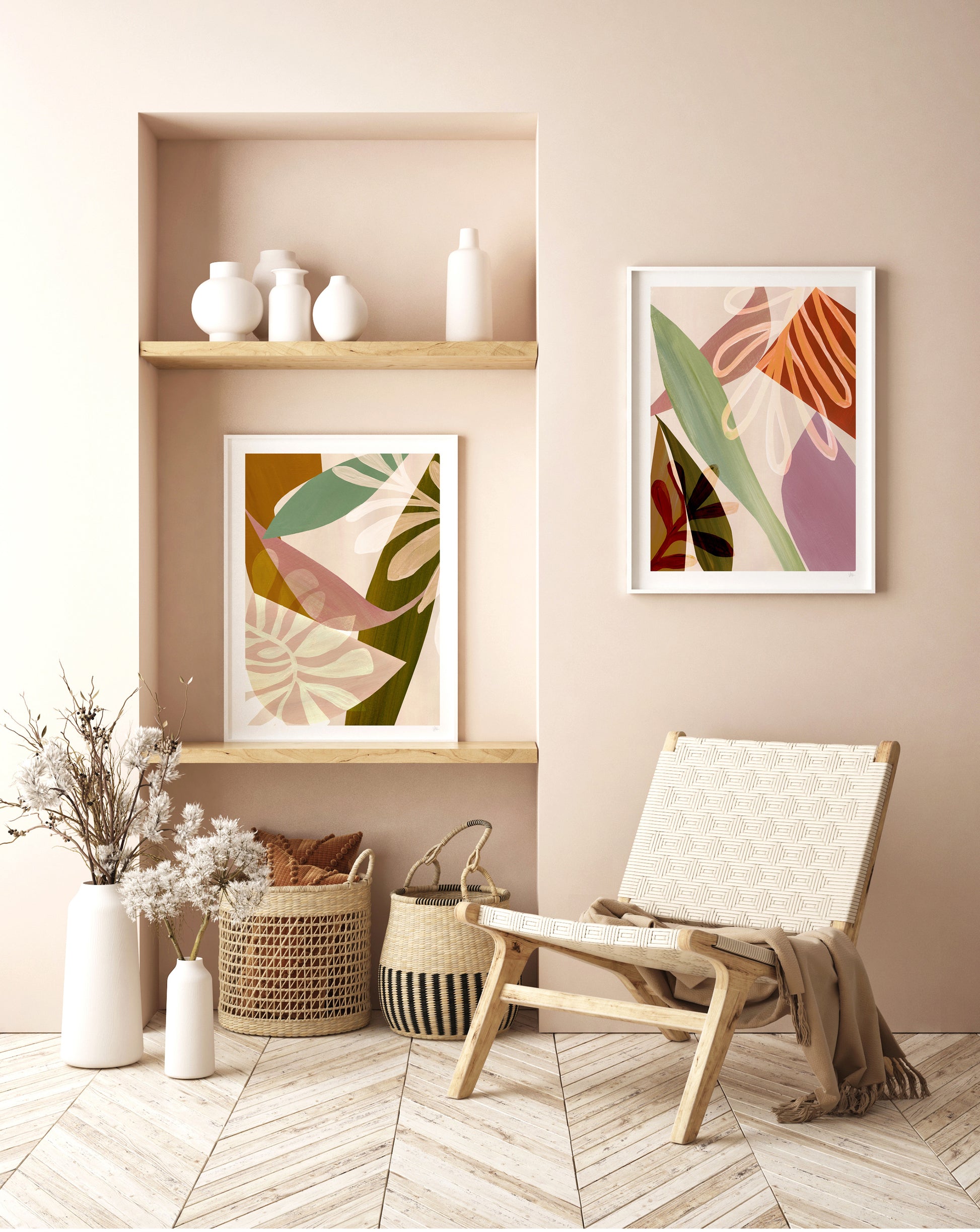 Modern interior with a chair, shelves, and abstract art on a beige wall.