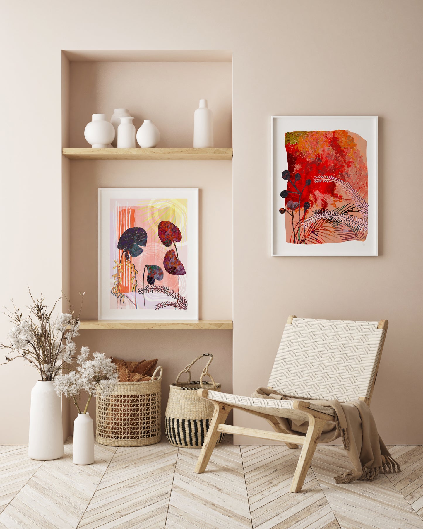 Modern interior with a chair, shelves, and abstract art on a beige wall.