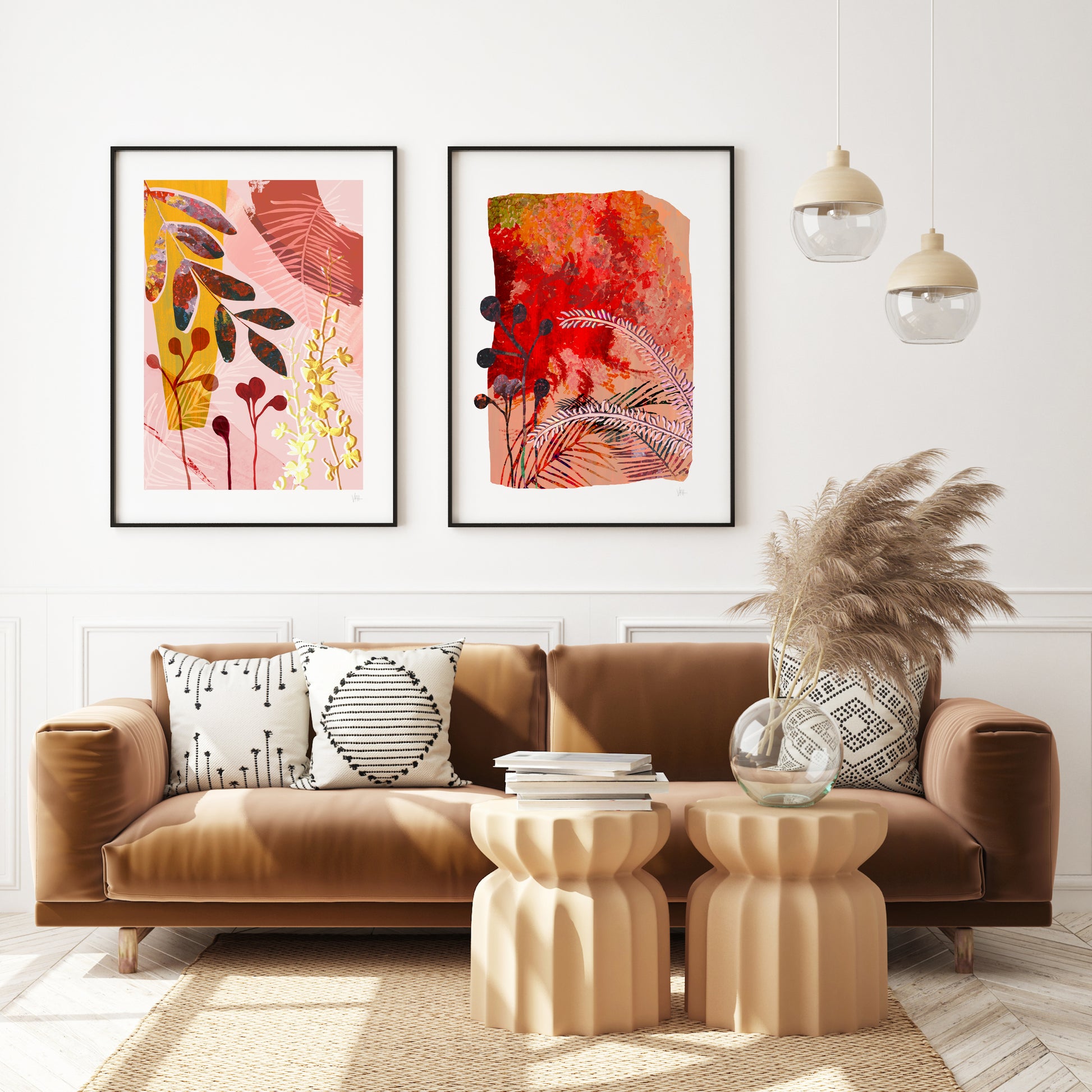 Modern living room with a brown sofa, decorative pillows, and abstract art on the wall.
