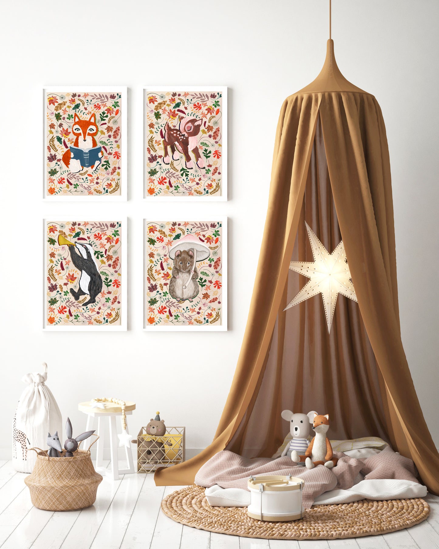 Children's room with a brown canopy, star lamp, and wall art featuring animals.