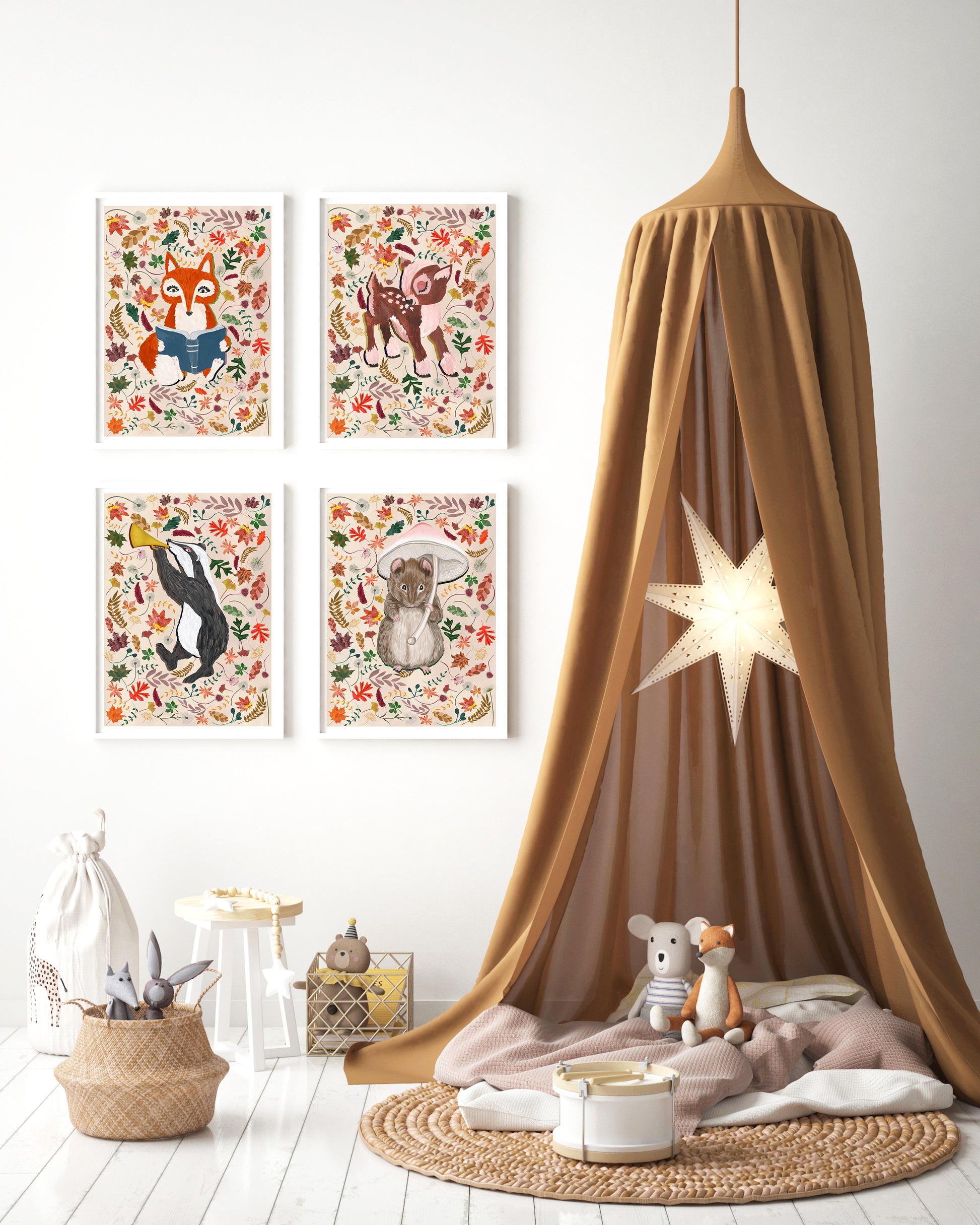 Children's room with a brown canopy, star lamp, and wall art featuring animals.