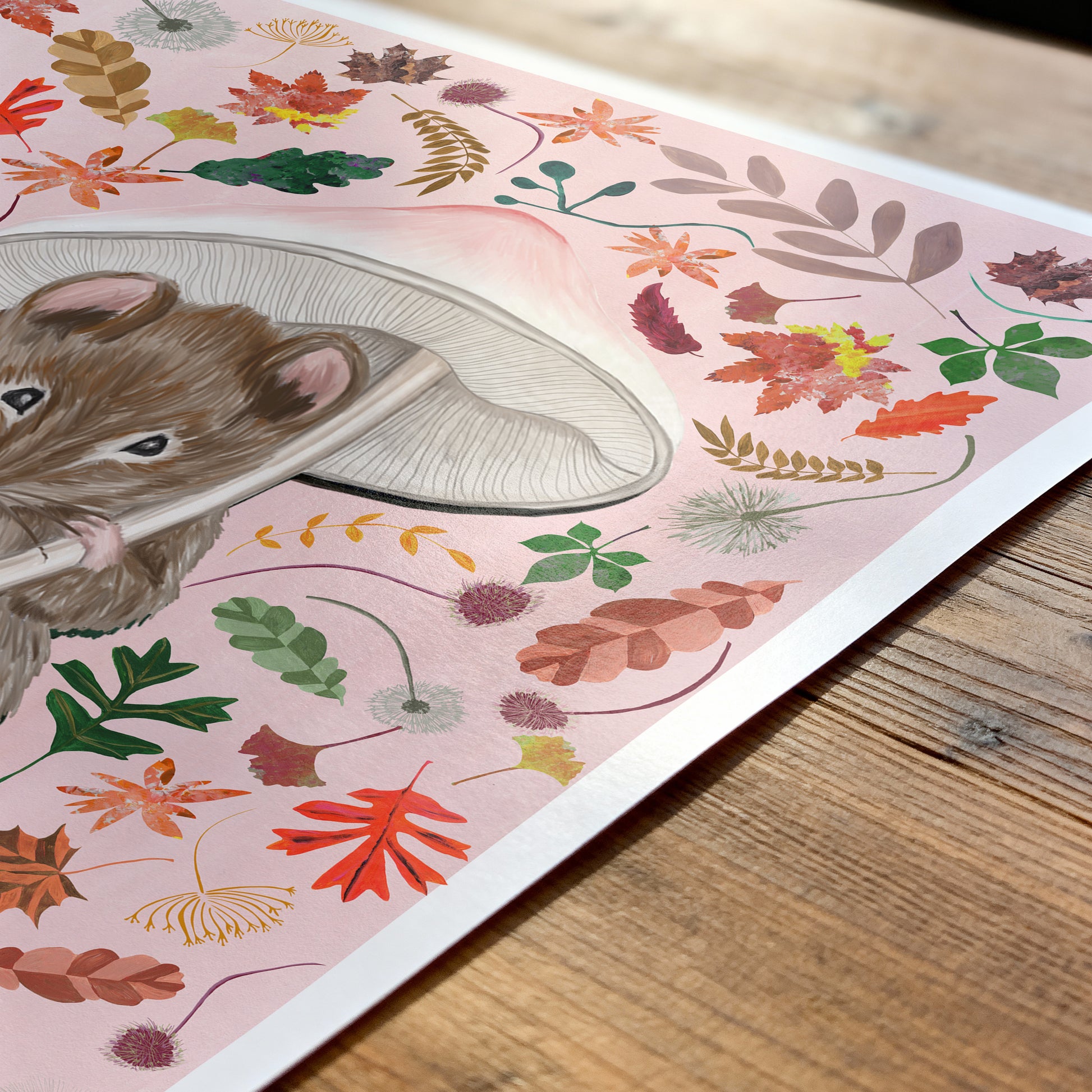 Illustration of a mouse with a fishing rod on a pink background with autumn leaves